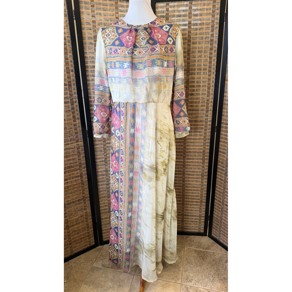 Kumsal Maxi Dress Women XL Multicolor Boho Geometric Tribal Long Sleeve Turkey